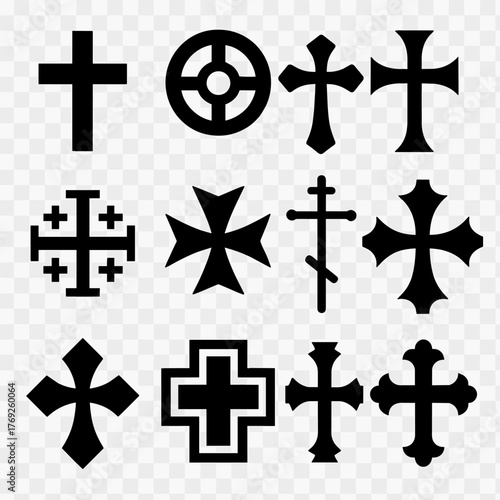 Christian cross set. Abstract religious cross icon collection. Set of cross icons for religion. Cross shape collection. Vector icon.