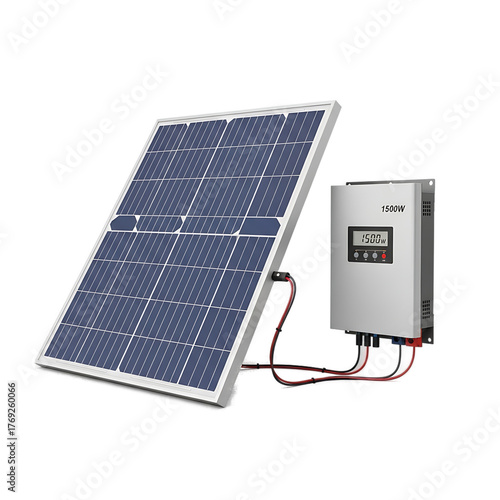 A solar panel is angled with an inverter connected by red and black wires, a renewable energy setup