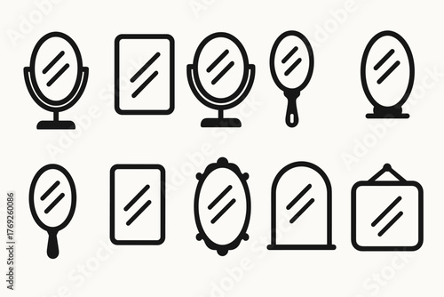 Mirror Icon Set. Outline icon set of mirror types: convex mirror, concave mirror, flat mirror, beveled mirror, tinted mirror, smart mirror, lighted mirror. Vector icon.