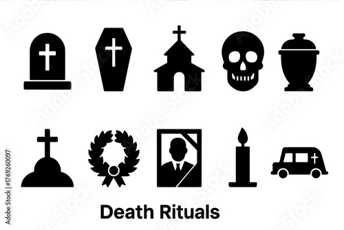 Death Rituals Icons. Hand-drawn doodle illustration customs and rituals surrounding death tombstone, candle, flower, cross, framed photo, teardrop, angel. Vector icon.