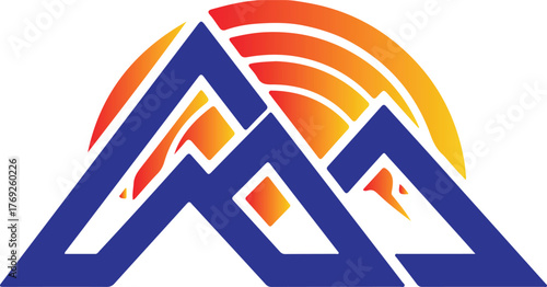 Geometric Mountain Peaks with Sunset Logo. Outdoor adventure, travel, and environmental protection branding