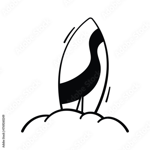 Surfboard icon in doodle style, water sports, summer adventure, and beach travel.