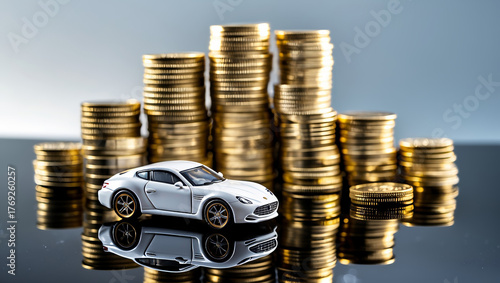 Vehicle and coin stacks symbolizing auto insurance, car loan, and savings.