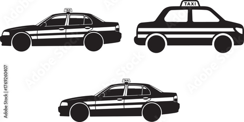 Set of Taxi Cab Silhouette Icons. Urban transportation, ride-sharing, and city life graphic elements