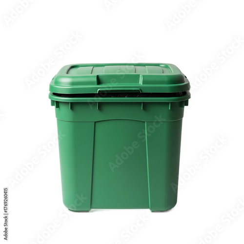 A square green container with a tightly fitted lid is centered against a stark black background