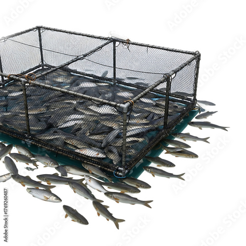 A square mesh cage floats in water, teeming with fish. Several fish are outside the cage as well. The scene shows an aquaculture operation