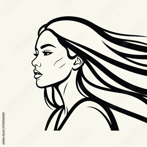Elegant Line Art Portrait of a Young Woman's Profile with Flowing Hair, a Minimalist and Modern Illustration for Beauty and Fashion Concepts