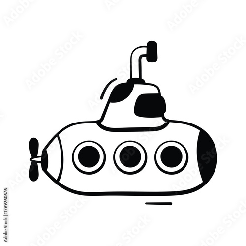Deep sea exploration and marine transportation, submarine doodle icon