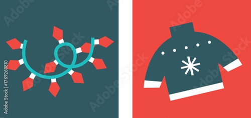 Christmas and Happy New Year. Winter Holiday. Merry Christmas modern design, holiday gifts, winter elements, candles, Christmas tree, village and Xmas decorations.