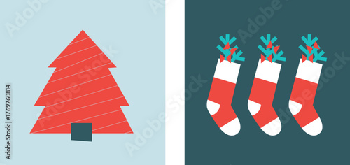 Christmas and Happy New Year. Winter Holiday. Merry Christmas modern design, holiday gifts, winter elements, candles, Christmas tree, village and Xmas decorations.