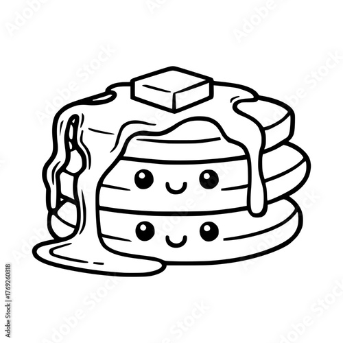 Stack of adorable pancakes with butter and syrup, perfect for breakfast menus and cute designs