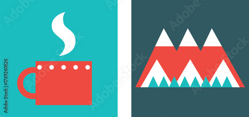 Christmas and Happy New Year. Winter Holiday. Merry Christmas modern design, holiday gifts, winter elements, candles, Christmas tree, village and Xmas decorations.