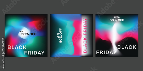 Modern vibrant abstract set of designs for Black Friday using gradient blend and palette with dark background and cyan, magenta and white