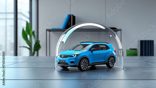 Modern blue car inside glass cover representing auto insurance and protection.
