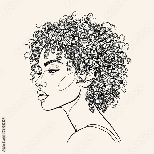 Striking monochrome line art illustration of a woman with voluminous curly hair, capturing her profile with elegant simplicity and artistic detail