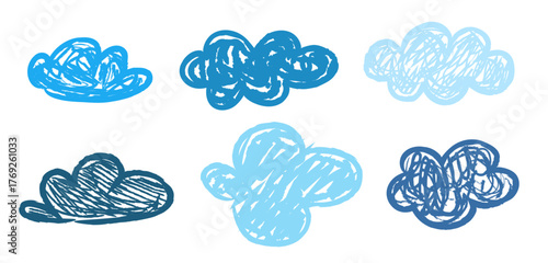 Vector illustration of pencil-drawn clouds in a cute child’s drawing style. Hand-drawn naive sky design perfect for kids’ art projects, educational materials, posters, and playful creative designs.
