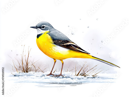 Elegant watercolor grey wagtail delicate bird snowy ground with yellow breast and long tail, serene winter scene with subtle grasses and soft