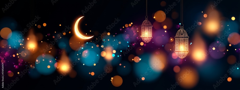 Obraz premium Glowing crescent moon above floating lanterns in vibrant festive motion, symbolic scene for Eid al-Fitr