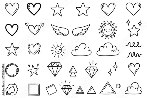 "Minimalist Line Icons: Hearts, Stars, and Geometric Shapes".