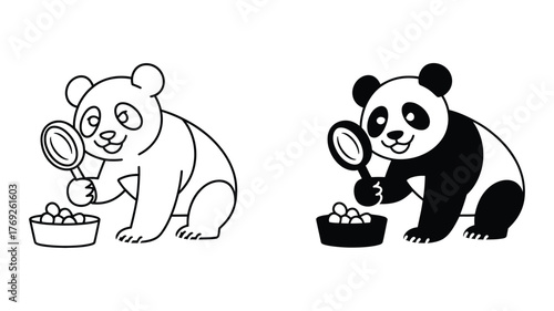 Panda with magnifying glass cute animal looking at food in black and white style vector illustration