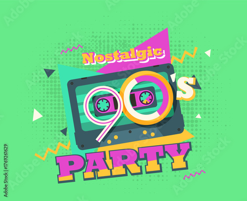Party time The 90s style label. Vector illustration retro background