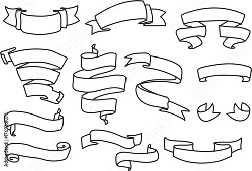 Hand Drawn Ribbon Banner Set – Vintage Scroll Outline Vector Illustration Collection