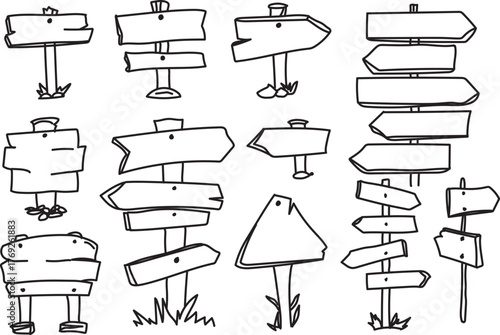 Hand Drawn Direction Boards Collection – Unique Sketch Style Blank Signpost Illustrations