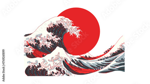 Powerful ocean wave with a vibrant red sun, inspired by classic Japanese art, dramatic sea swell graphic illustration, vintage aesthetic