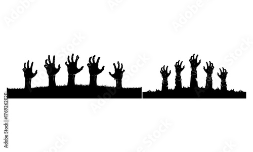 Creepy zombie hands erupting from ground spooky halloween horror scene silhouette graphic