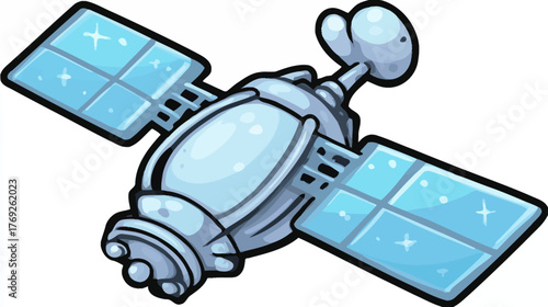 Whimsical cartoon satellite illustration, an orbiting communication technology device with solar panels, for space exploration concepts