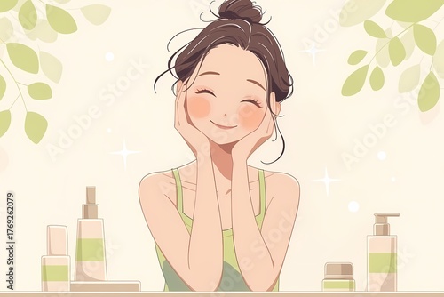 Illustration of a woman doing skincare (beauty, lifestyle, moisturizing, routine)