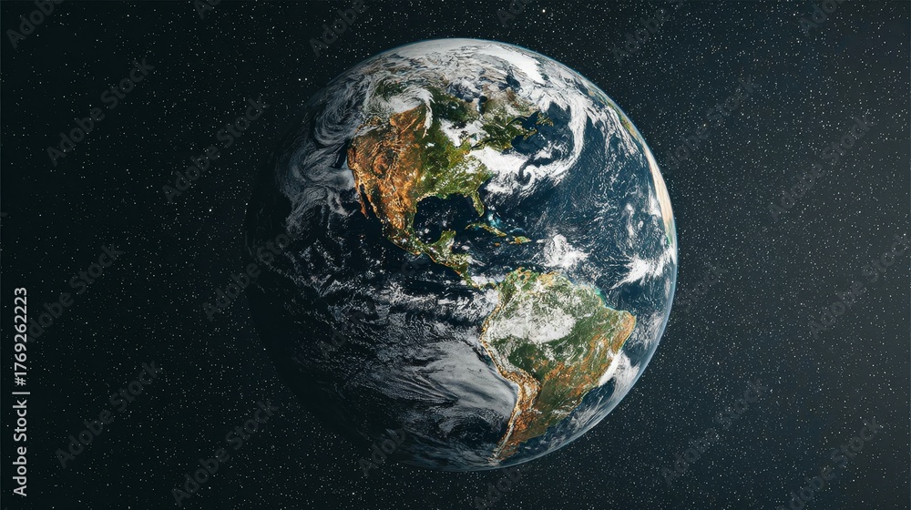 Naklejka premium Earth globe floating in starry space with cinematic lighting, minimalist astrophotography visual