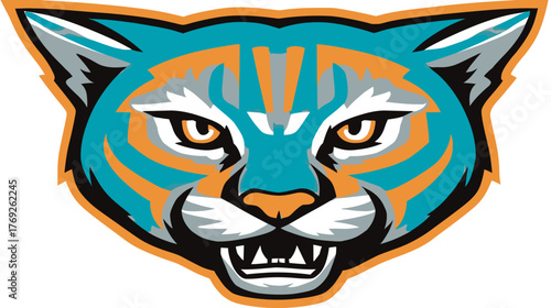 Fierce wild cat mascot illustration with teal and orange stripes. Aggressive feline animal design for sports teams or brand identity.