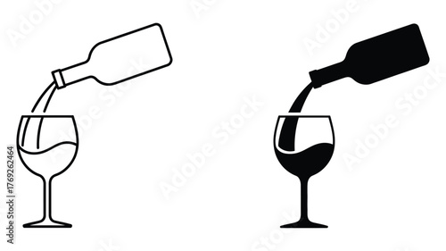 Vector art of a wine bottle is pouring wine into a glass, the black and white version of the wine is also available