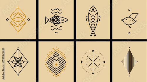 Minimalist line art collection: geometric abstract symbols, nature-inspired illustrations including fish and bird, elegant decorative designs.