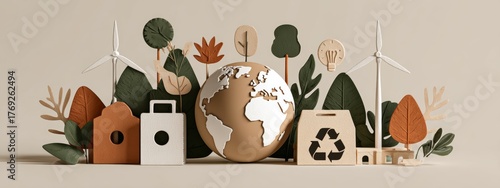 Minimalist glowing Earth with leaves and eco icons, Earth Day sustainability awareness visual
