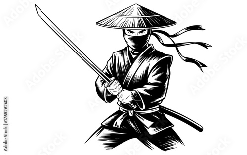 a samurai warrior in traditional clothing holding a sword, symbolizing strength, discipline, and martial honor.