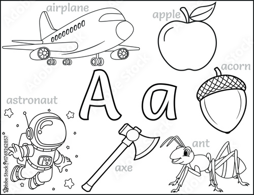Alphabet Letter A Coloring Page – Educational worksheet, fun printable activity for preschool and kindergarten kids