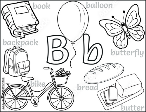 Alphabet Letter B Coloring Page – Educational worksheet with book, balloon, backpack, butter, bread, butterfly and bike – fun printable activity for preschool and kindergarten kids
