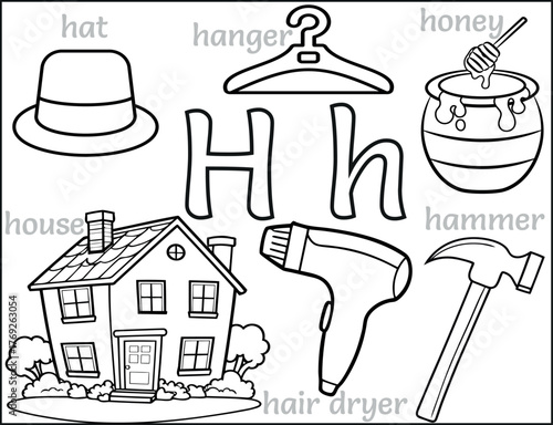 Alphabet Letter H Coloring Page, fun printable activity for preschool and kindergarten kids, Educational worksheet with hat, hanger, honey, house, hammer, and hair dryer
