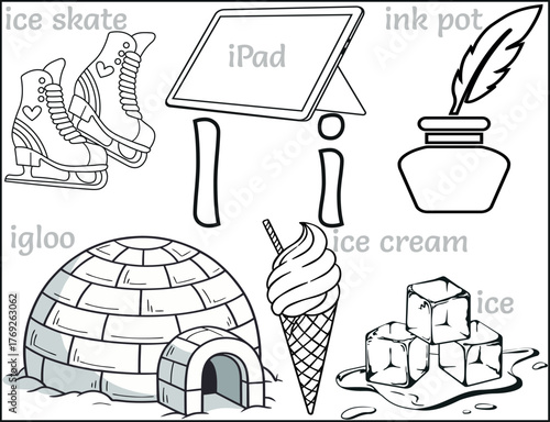 Alphabet Letter I Coloring Page, fun printable activity for preschool and kindergarten kids, Educational worksheet with ice skate, ink pot, iPad, ice cream, igloo, and ice