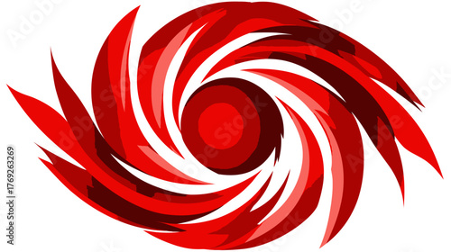 Abstract red and black swirling vortex graphic illustration, dynamic energy symbol, powerful storm eye design element background
