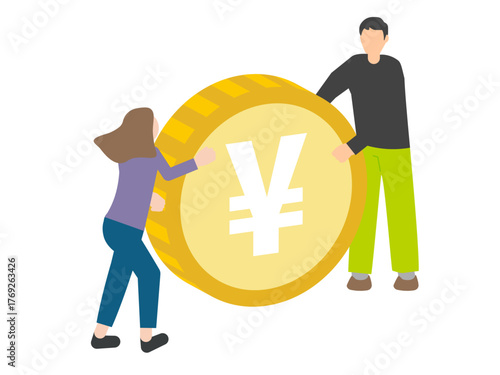 お金を運用する夫婦のアイソメトリックイラスト（協力して大きな硬貨を運ぶ男女）