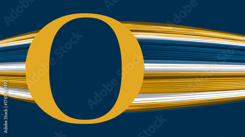 Elegant golden letter O with abstract flowing blue, gold, and white wavy lines on a dark background, modern typography initial concept.