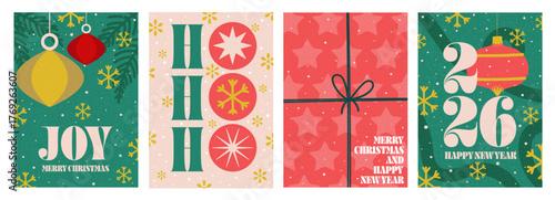 Set of Christmas and Happy New Year Floral Card templates. Christmas cards design with ornaments of branches, balls and ornaments. Modern minimal art poster, flyer, banner. Vector Illustration