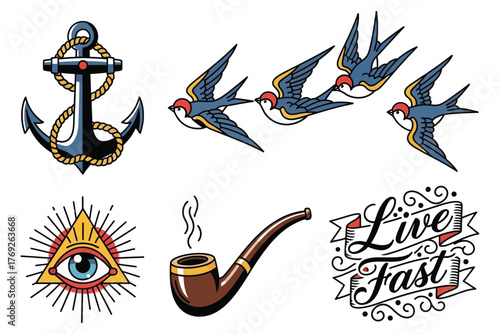 “Traditional Sailor Tattoo Icons – Vintage Art Collection”