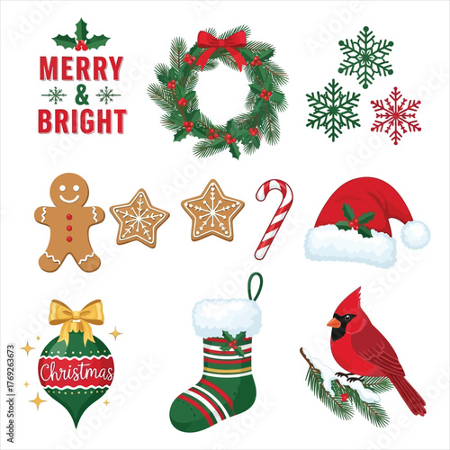 Festive christmas decorations collection featuring ornaments wreath stocking and cardinal
