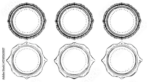 Vintage Ornate Black and White Frames Set. Hand Drawn Elegant Decorative Round and Oval Labels with Intricate Details, Old Engraving Style.