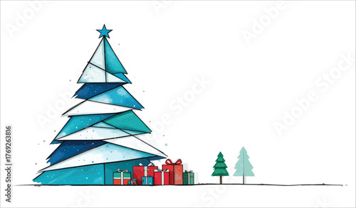 Artistic watercolor christmas tree with gifts and snow