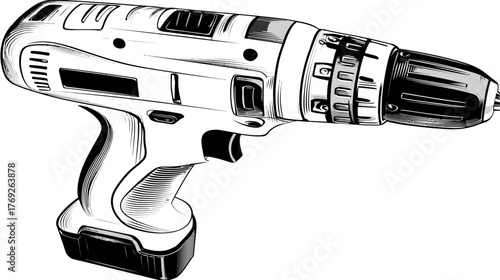 Detailed black and white sketch illustration of a modern cordless power drill, essential hand tool for construction and DIY projects.
